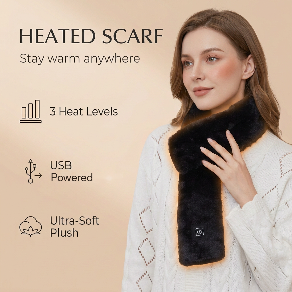 Chaléa heated scarf in black: 3 heat levels, USB powered, ultra-soft plush