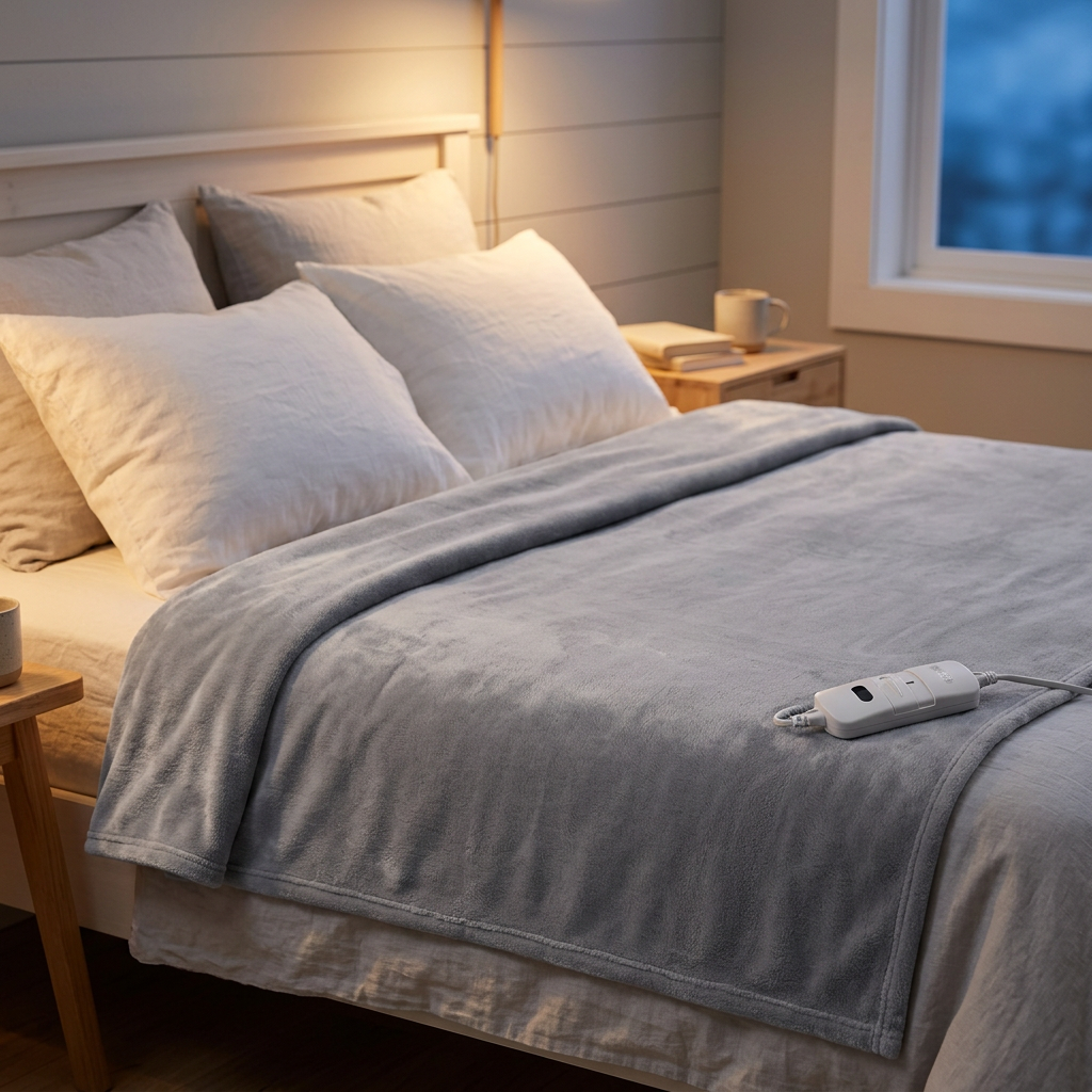 Chaléa heated blanket on a bed in a cozy bedroom