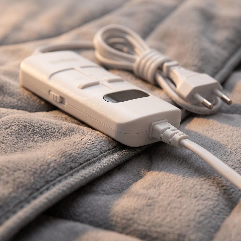 Close-up of the heated blanket hand controller and EU plug
